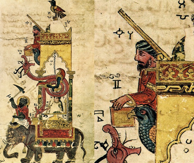ساعة الفيلم الشهيرة لإسماعيل الجذري ويظهر صلاح الدين جالسا أعلاها
