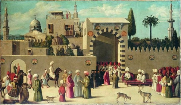لوحة حفل استقبال سفراء البندقية ل"جينتيلي بيلينى" والتي استوحى منها شادي تصميم واجهة القصر السلطاني في "وا إسلاماه"